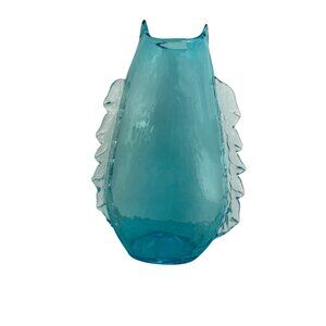 Blenko Aquamarine Teal Hand Blown Vase with Clear Glass Applied Side Fins